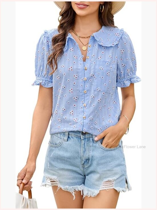 Tops - Peter Pan Collar Frilled Short Sleeve Blouse - Casual Cotton Button Up Top
